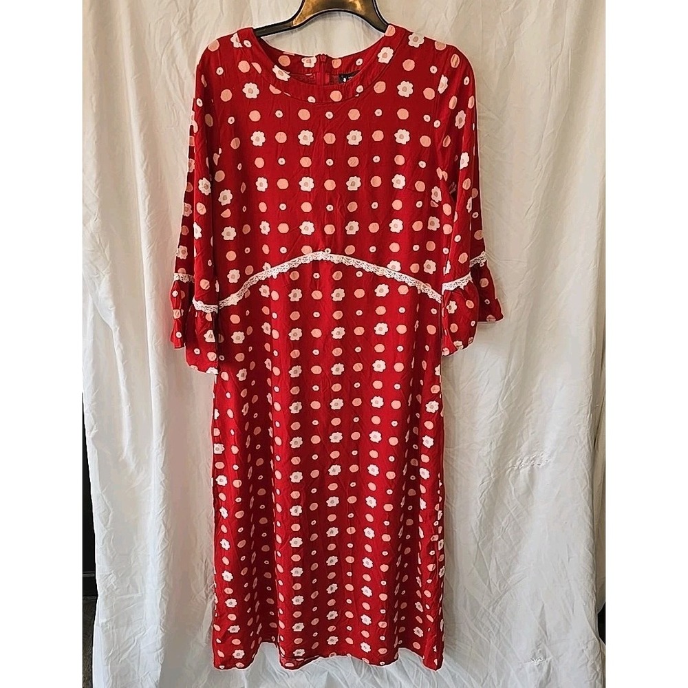 Red Polka Dot Midi Dress with Lace Trim